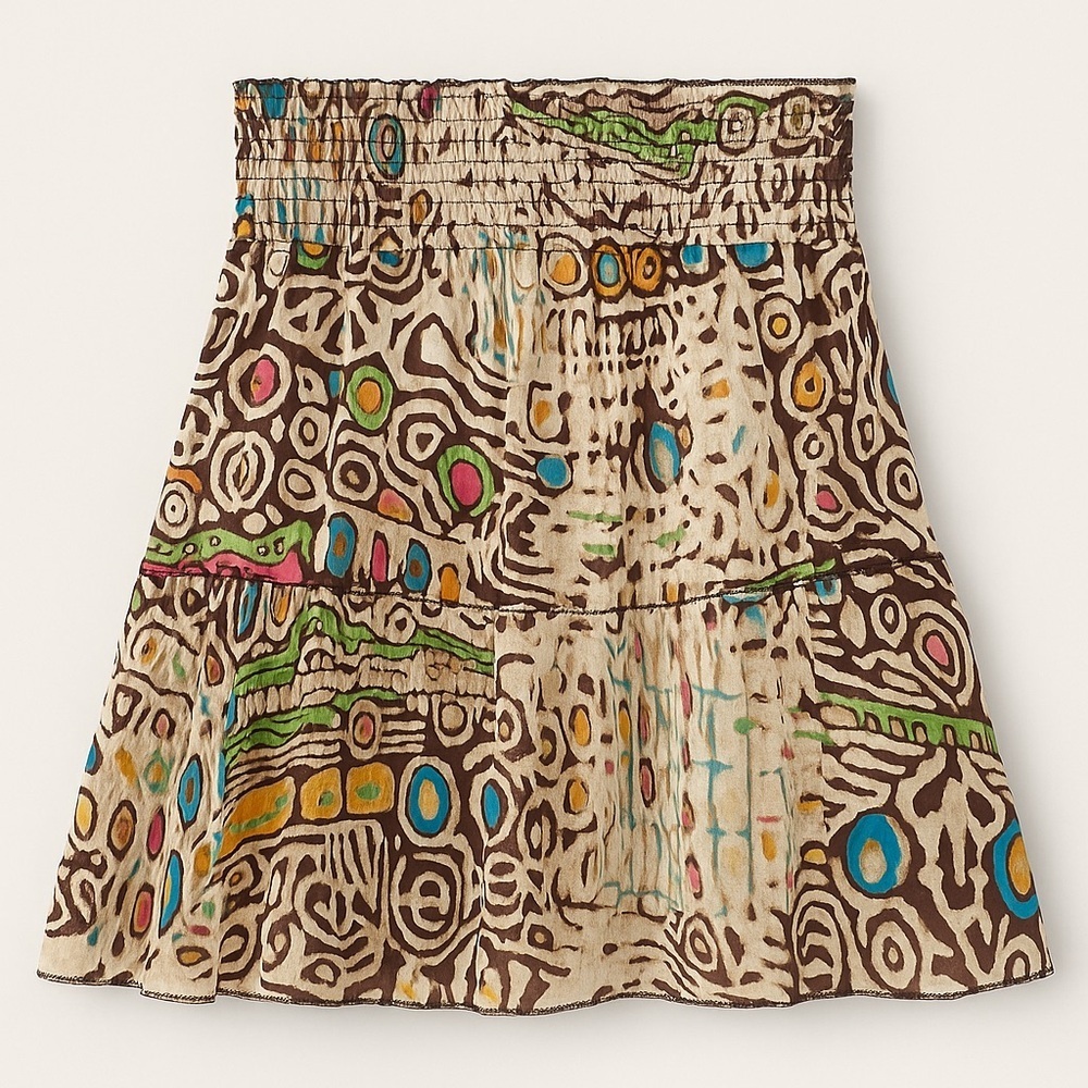 Chaudry India Abstract Print Smocked Waist Crinkle Boho Mini Skirt NWT XS #2414